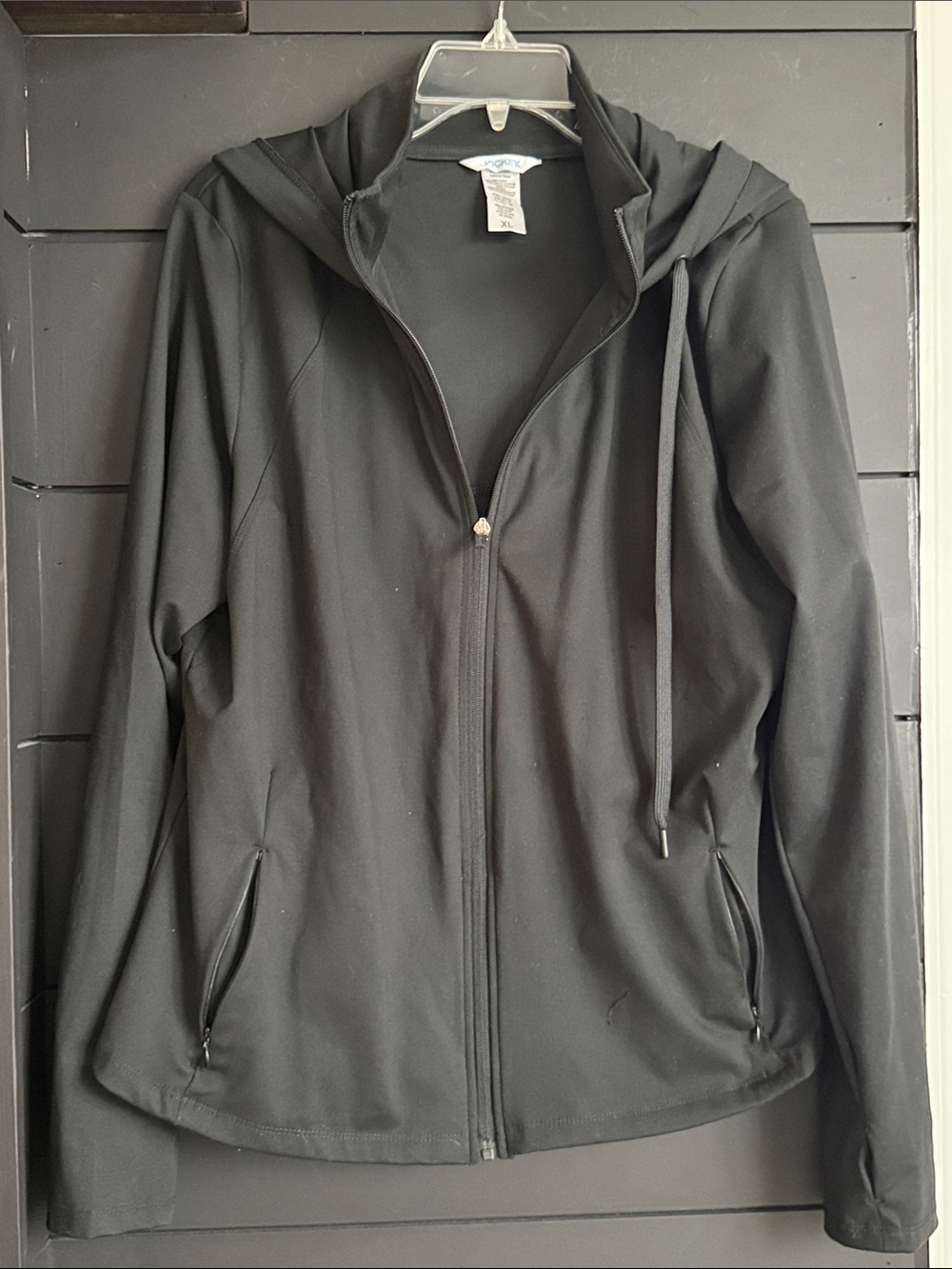 Jockey Black Hooded Zip-Up Thumb Hole Hoodie Workout Jacket